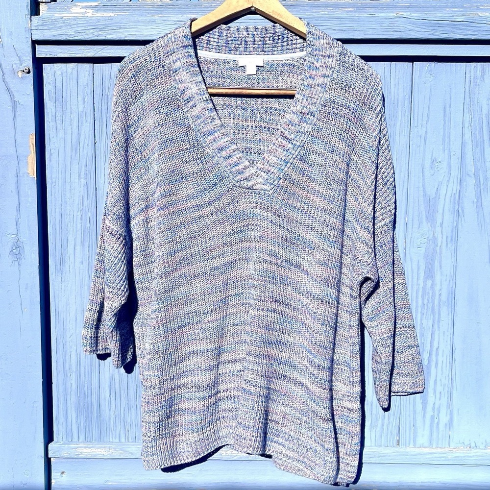 J Jill Pullover V-Neck Knit Sweater Petite‎ Large Blue Pink Cotton Cozy Boxy 3/4